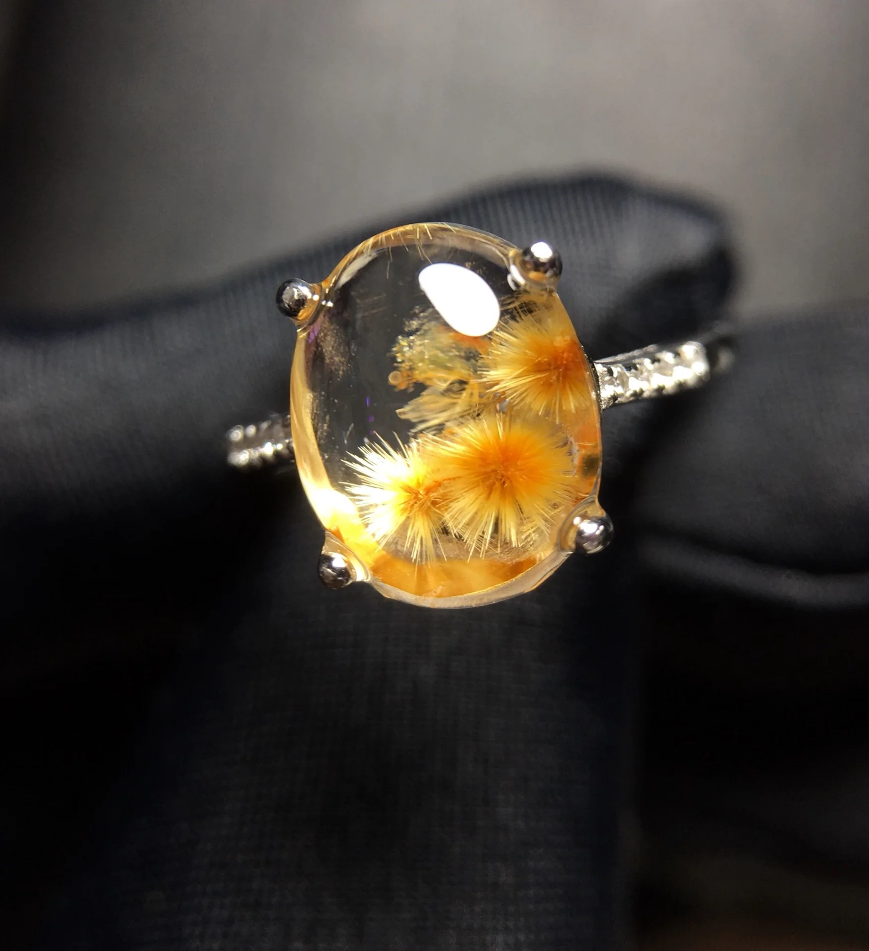 

Natural Gold Rutilated Quartz Adjustable Ring Oval 11*9mm Women 925 Silver Yellow Rutilated Beads AAAAAA