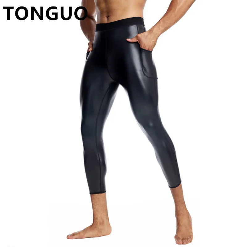 Men Leather Stretchy Casual Biker Club Party Pants Body Shapers Waist Trainer High Waist Leggings Fitness 9pts Pants with Pocket