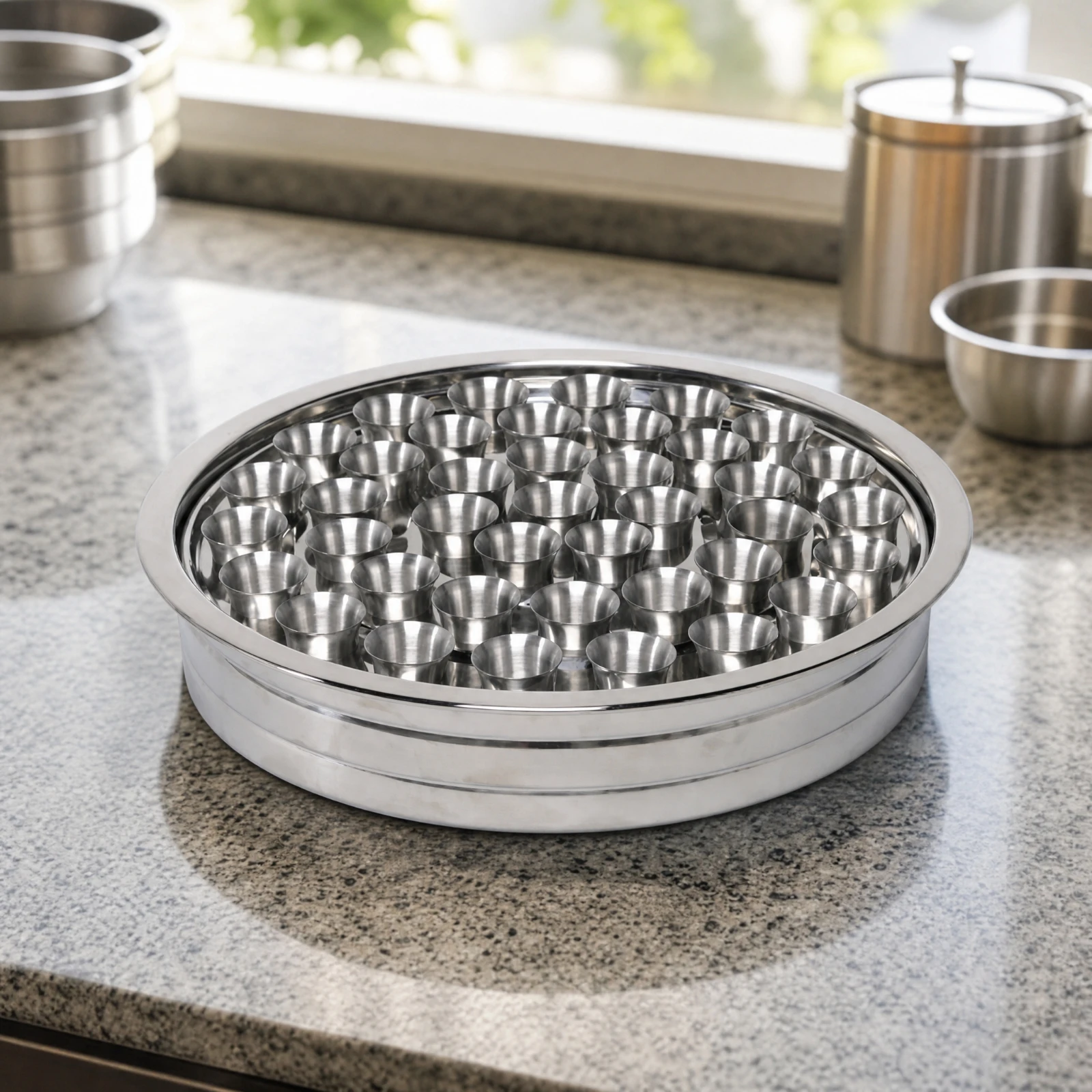 Polished Stainless Steel Tray with Cup Compartments Round Beverage Serving Tray with Cups Rust-Resistant Silver for Restaurants