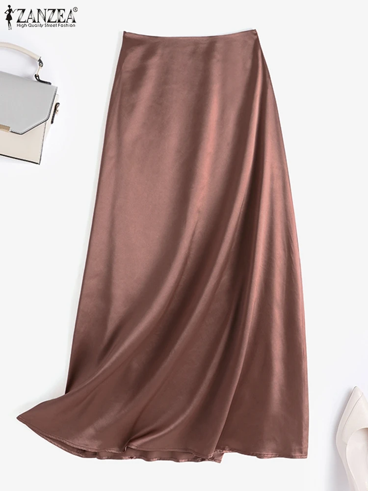 ZANZEA Women Elegant Satin Silk Long Skirts Summer High Waist Casual Solid Party Skirt Faldas Saia Female Stylish Work OL Jupe