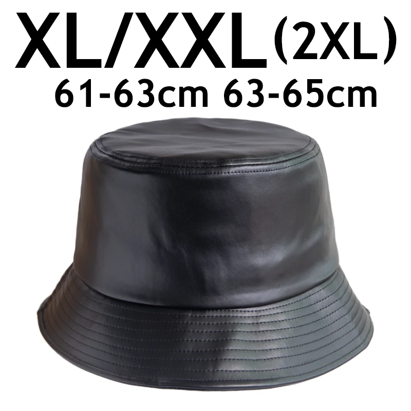 XXL61-65cm PU Leather Bucket Hat for Men Big Head Fisherman Cap Black Oversized Autumn Winter Warm Streetwear Panama Hat