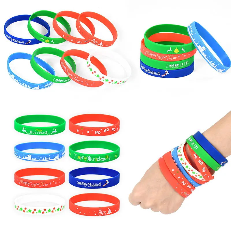 

8Pcs Christmas Silicone Bracelets Set Merry Christmas Red And Green Christmas Themed Printed Wristband Xmas New Year Kids Gifts