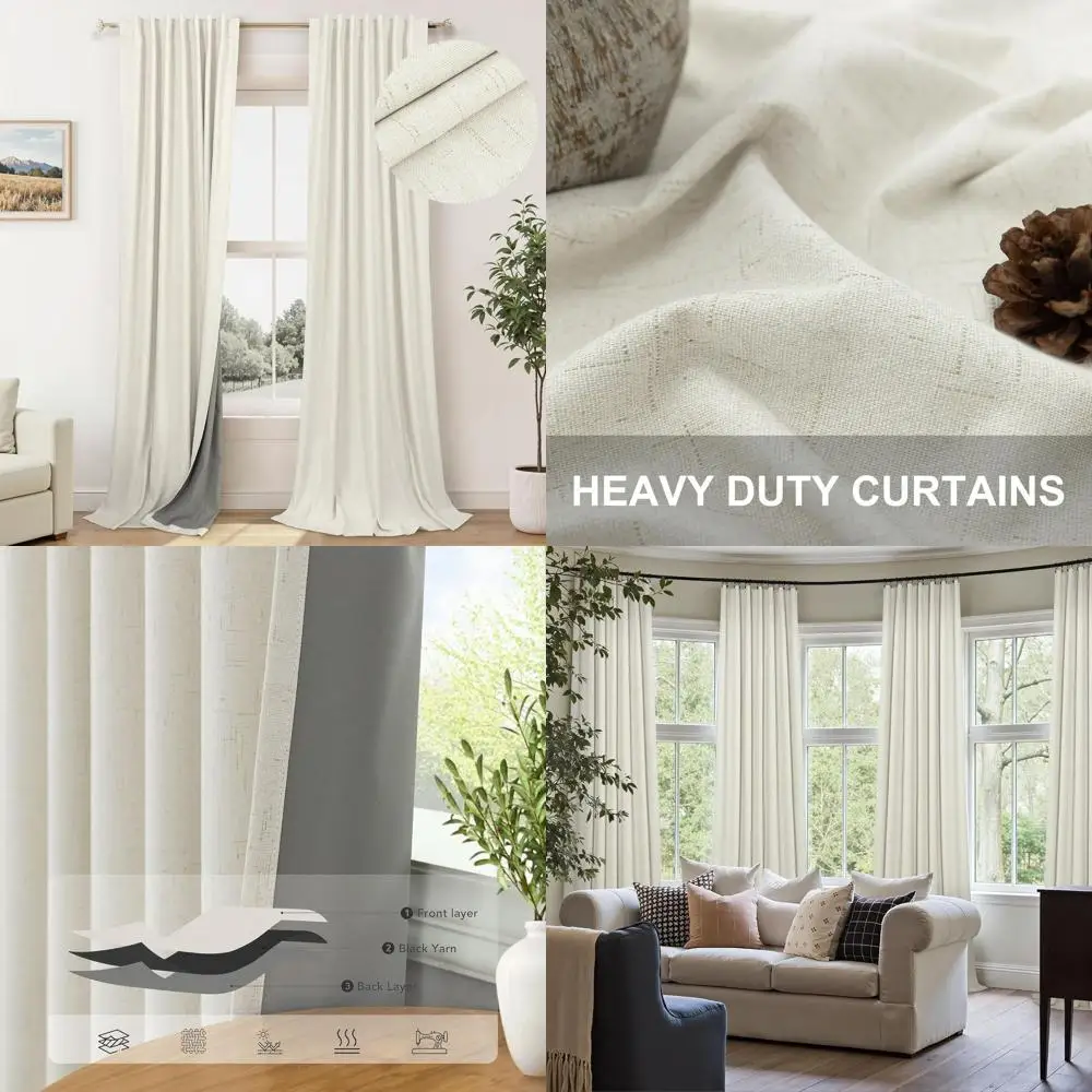 

Cream Linen 90 Insulated Boho Farmhouse Curtains for Living Room, 2-Panel Modern Room Darkening Drapes for Winter Aesthetic