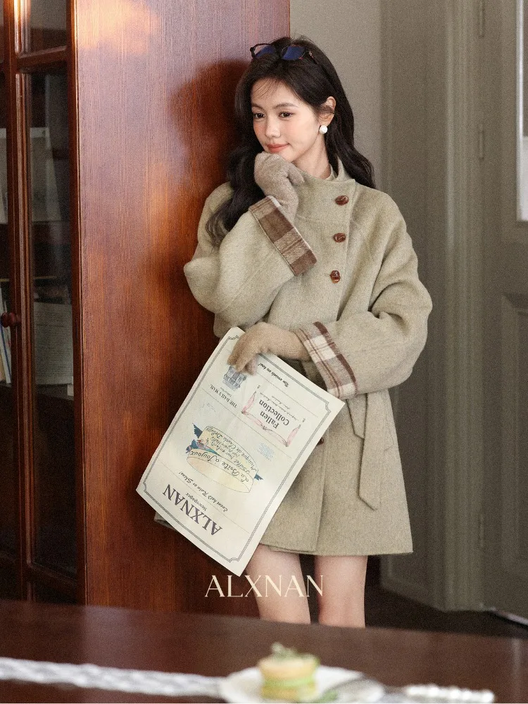 ALXNAN Winter Women Green Wool Coat Warm Plaid Patchwork Sheepskin Jacket 2025 Fashion Wool Outerwear Female L58870