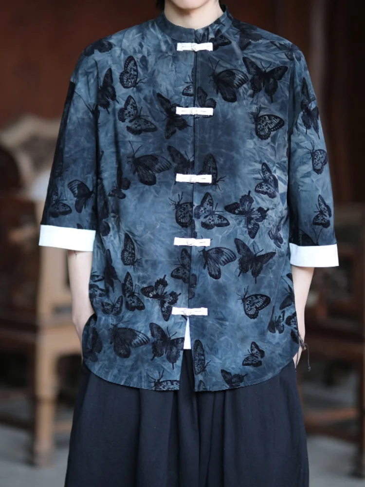 

Loose Men's ort Sve irt Print Dyed New Chinese Sle Five-Quarter Sve Tang Costume Hanfu Zhongan Suit