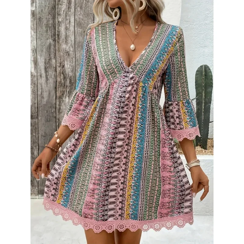 

Plus Size 1XL-5Xl New Striped Casual and Fashionable V-neck Dress Ladies Hollow Out Women's Comfortable and Versatile Dress