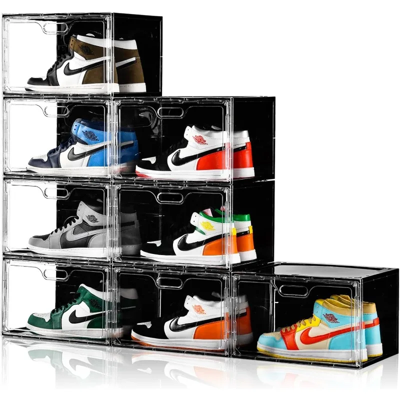 New 8 Pack Shoe Boxes Stackable, Large Shoe Storage Organizer with Lids,Drop Side Shoe Containers for Entryway,Sneaker Storage