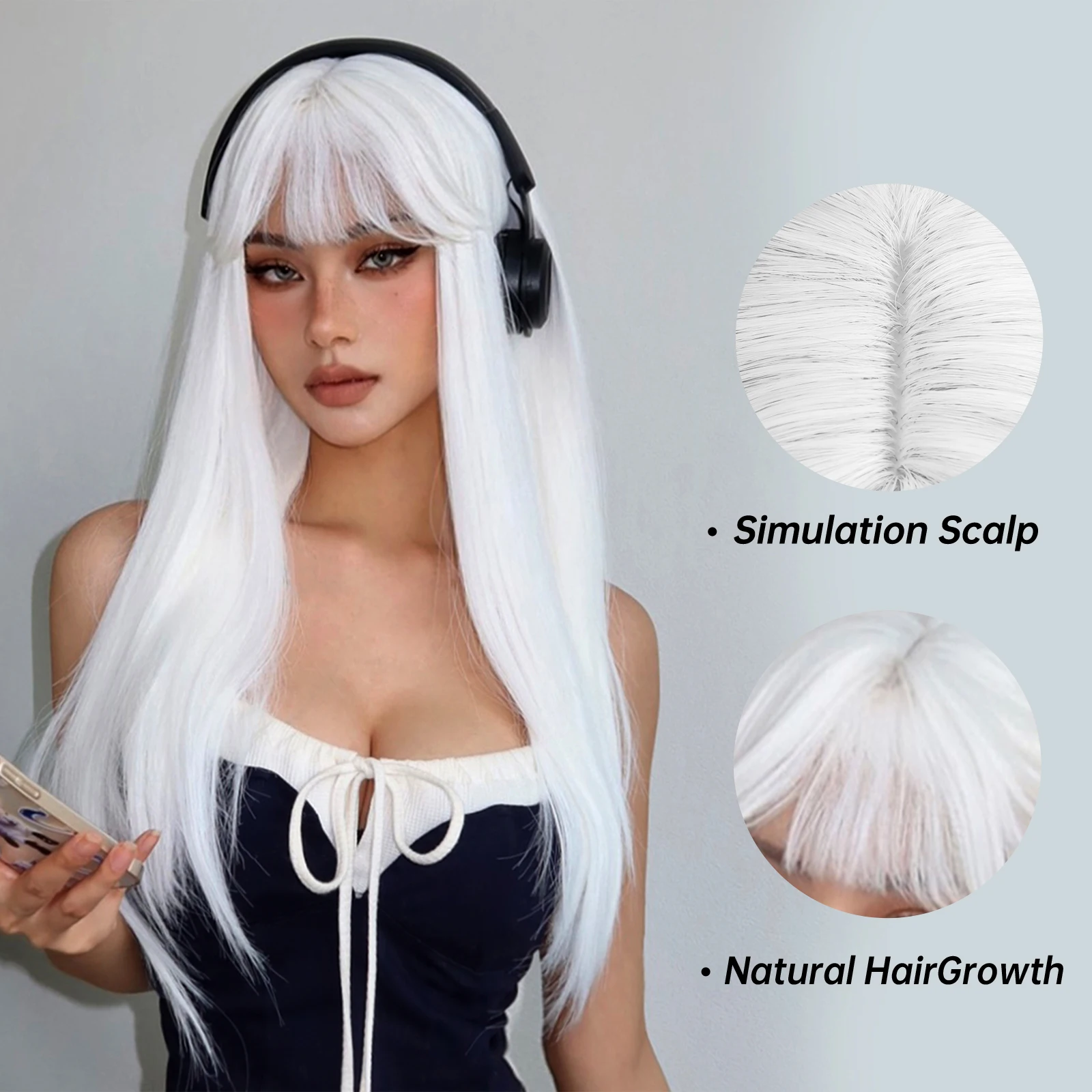 Synthetic White Cosplay Wig Long Straight Blonde Wigs with Bangs Party Lolita Hair Wig for Women Heat Resistant Halloween Hair