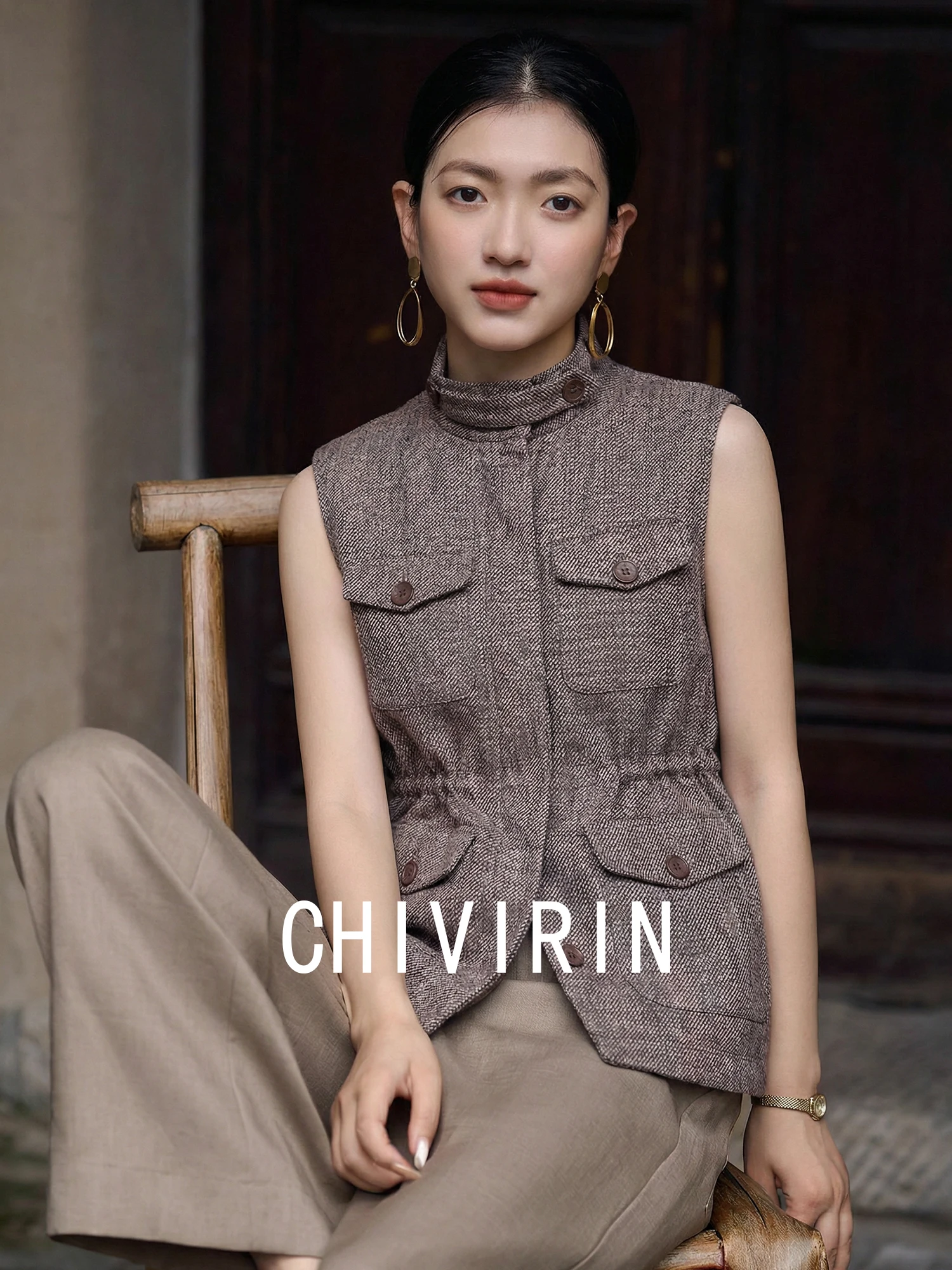 

Chivirin Silk Linen Workwear Vest Women's Spring Faion Retro Waist-Cinching Multi-ket Vest Geometric Patterned