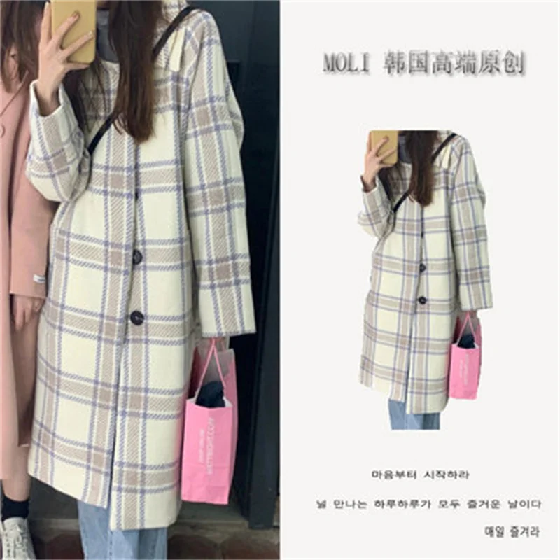 

Purple plaid children's coat 2022 winter new loose silhouette long windbreaker coat female senior feeling purple plaid commuting