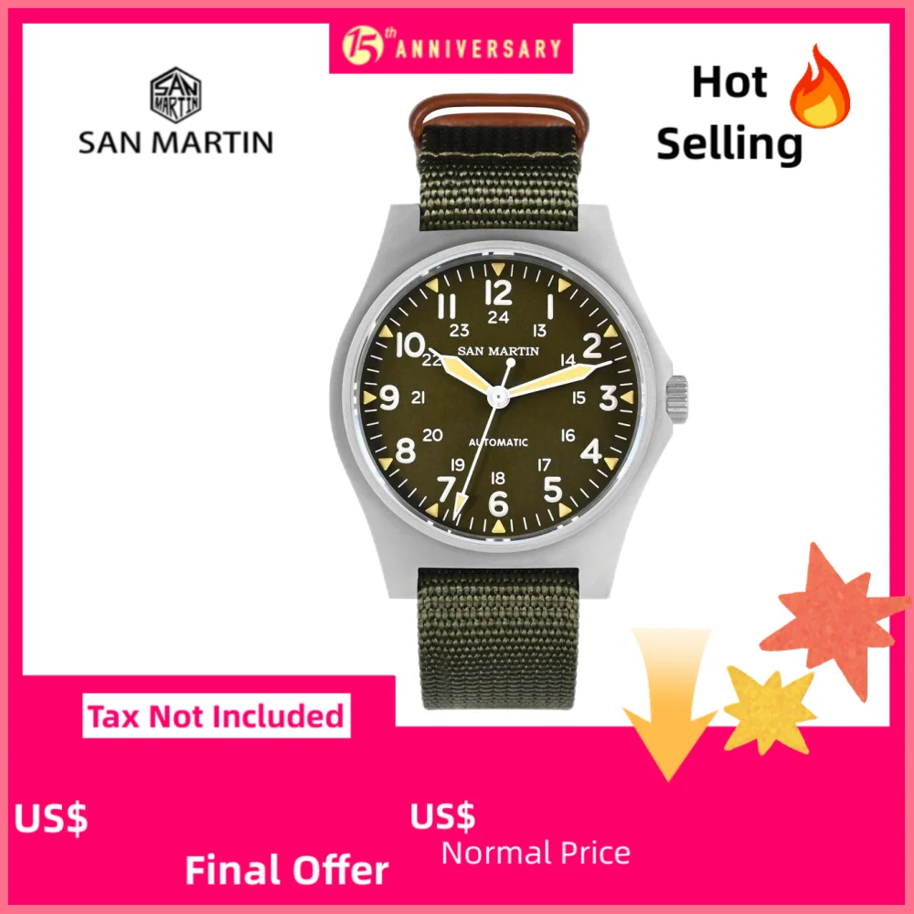 

San Martin 38mm NH35 Field Automatic Watches For Men Wrist Watch Clock Mechanical Simple Pilot Waterproof 10ATM Montre SN0137