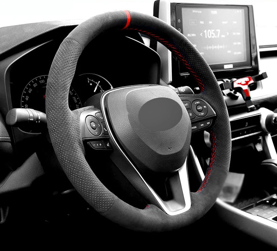 Genuine Leather Red Thread Steering Wheel Cover for Alcantera Car Accessories Specifically for Toyota Camry Corolla RAV4 Avalon
