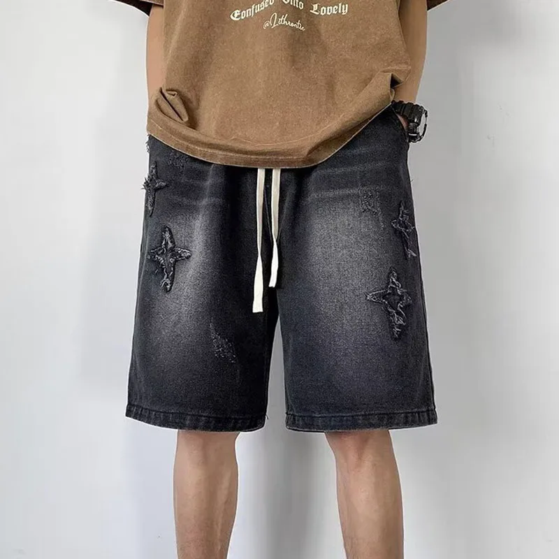 Summer Men's Washed Denim Shorts American Casual Fashion Retro Distressed Male Star Patch Loose Drawstring Shorts