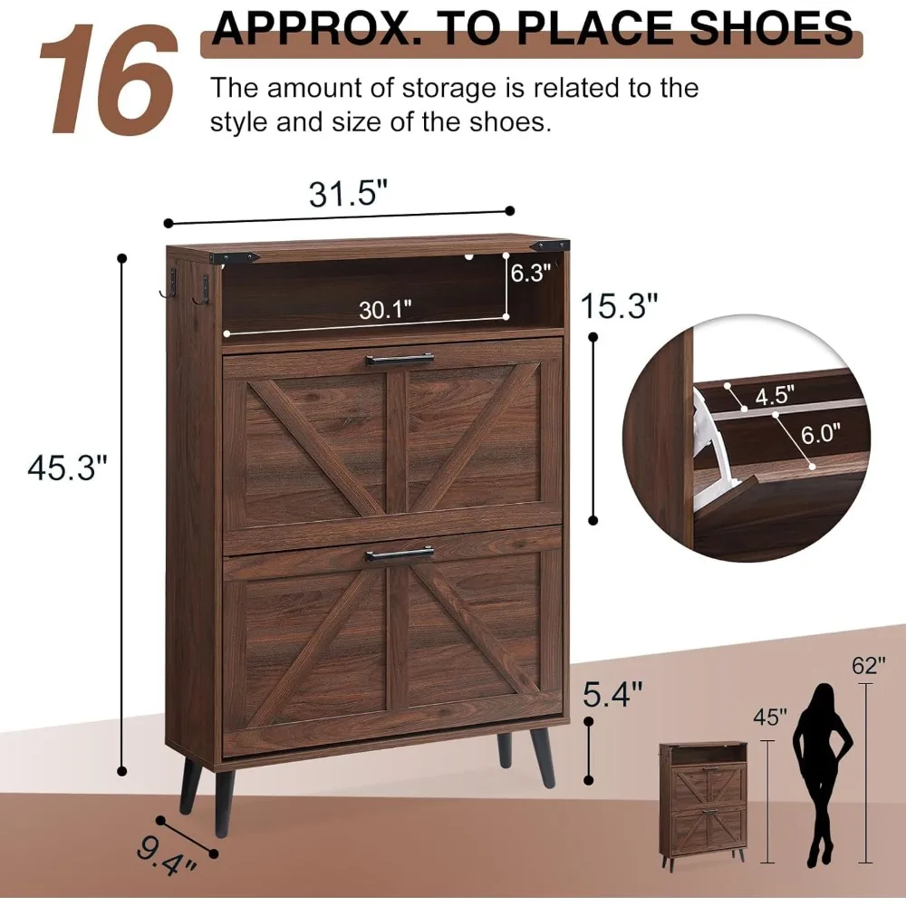 Shoe Organizer with 2 Flip Drawers & Barn Door Design, Freestanding Shoes Rack Cabinet with Open Storage, Shoe Storage Cabinet