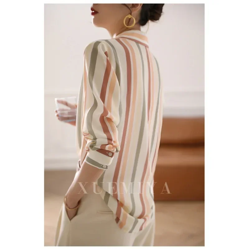 Striped Shirt Top Female Long-sleeved Spring Dress 2025 New Niche Retro Silk Silk Shirt Female Slimming