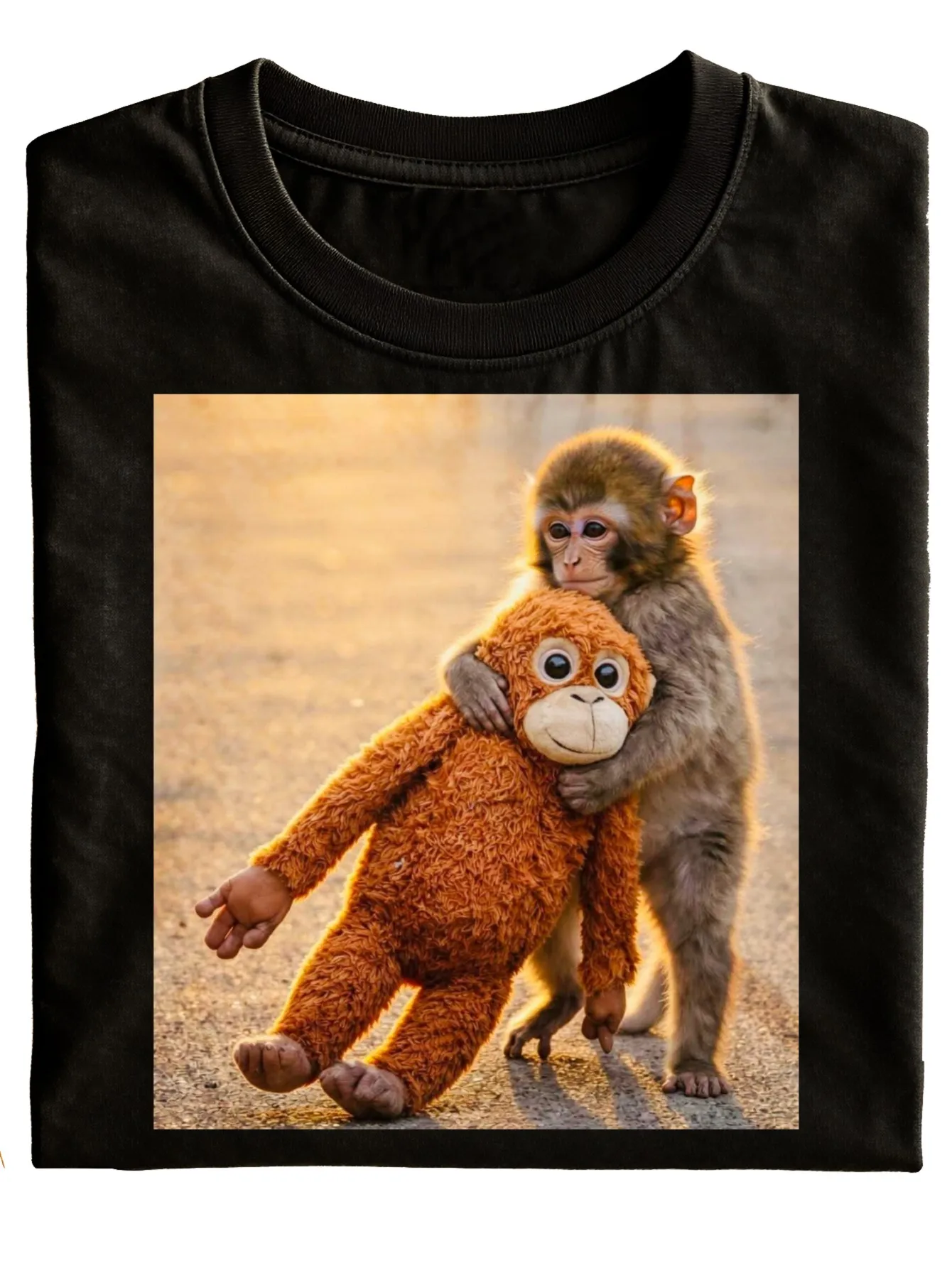 New Style Funny Monkey Hugging Plush Toy Print Unisex T Shirt Black Casual Everyday Wear Holiday Gift  Fashionable Versatile Daily Leisure Outfit Short Sleeve, Plus Size