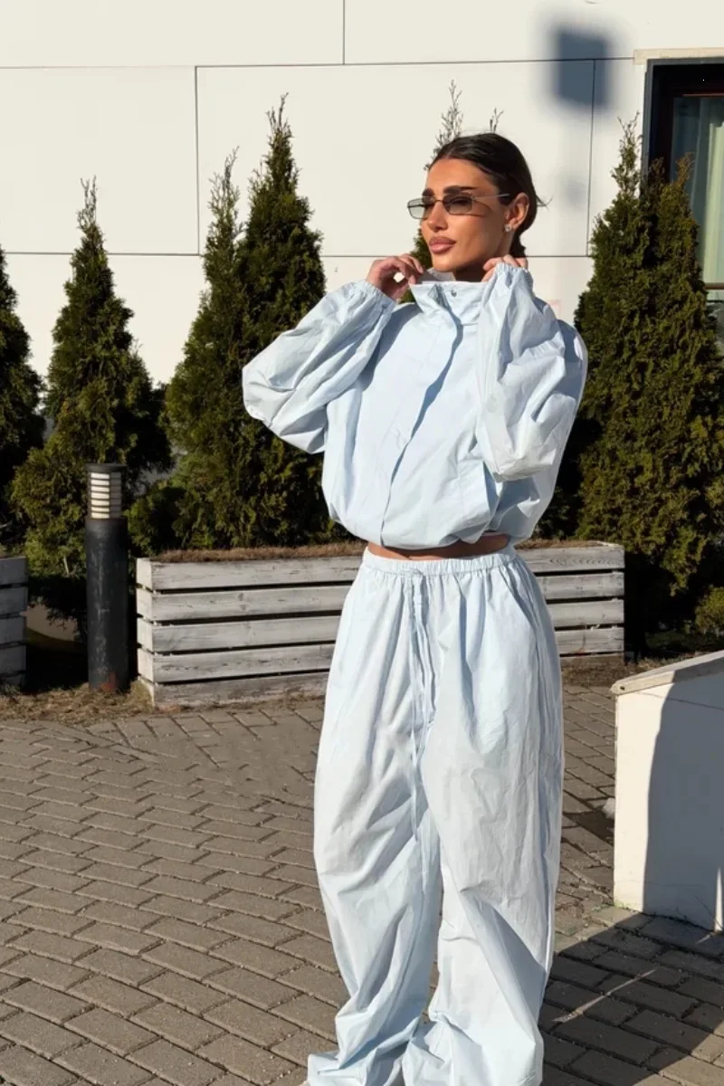 European and American Style Casual Sports Suit Women's Loose Standing Collar Short Zipper Cardigan + Wide Leg Pants 2026 New