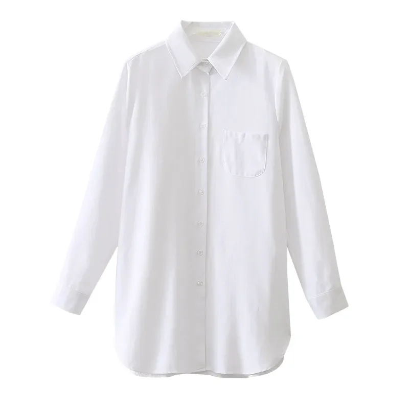 Women Blouses Plus Size Tops Curved Hem Linen Cotton Shirts Female Turn Down Collar Lapel Pocket Loose Oversize White Shirt