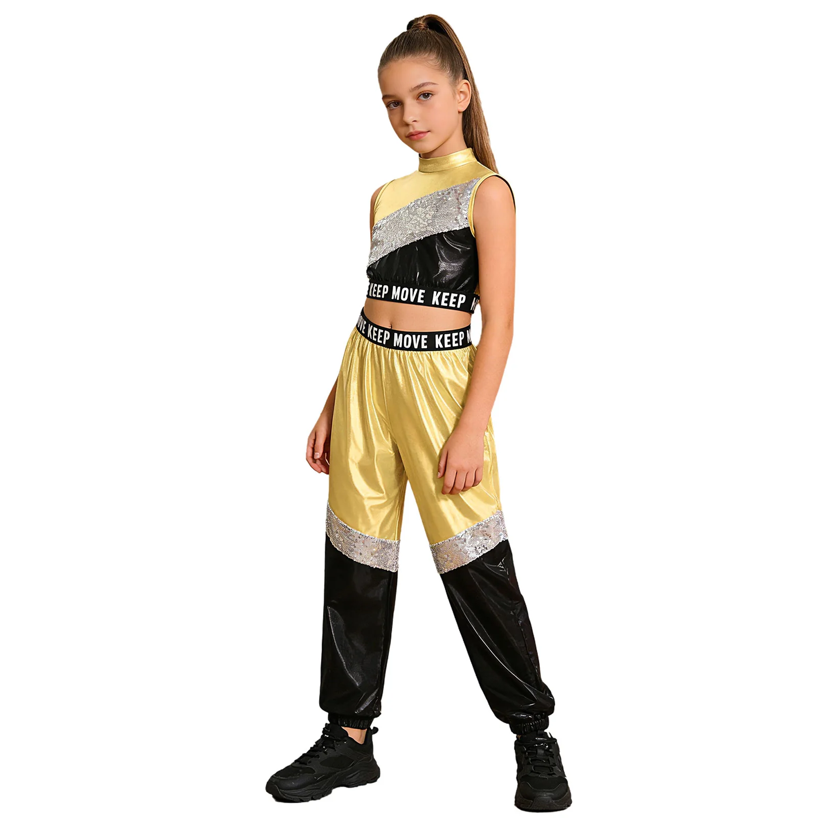 

Kids Cool Girls Jazz Hip-hop Street Dance Costume Letter Print Metallic Crop Top with Shiny Pants for Stage Dance Outfits