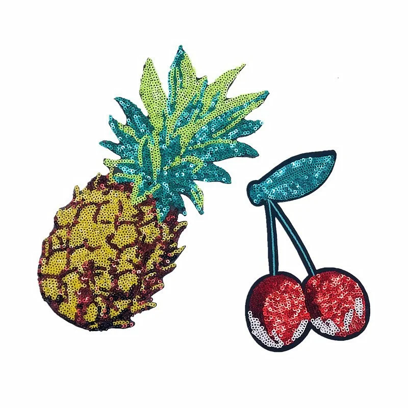 1Pcs Large Sequins Embroidered Cloth Patches Coconut Pineapple Cherry Hot Melt Glue Embroidered Badge Fusible Patch Iron Jackets