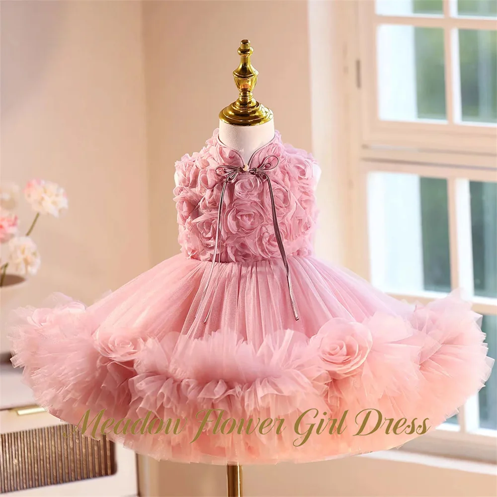 Meadow Pink Evening Party Gown for Girls High Collar Sleeveless Children Birthday Party Dresses A Line Baby Kids Birthday Gown