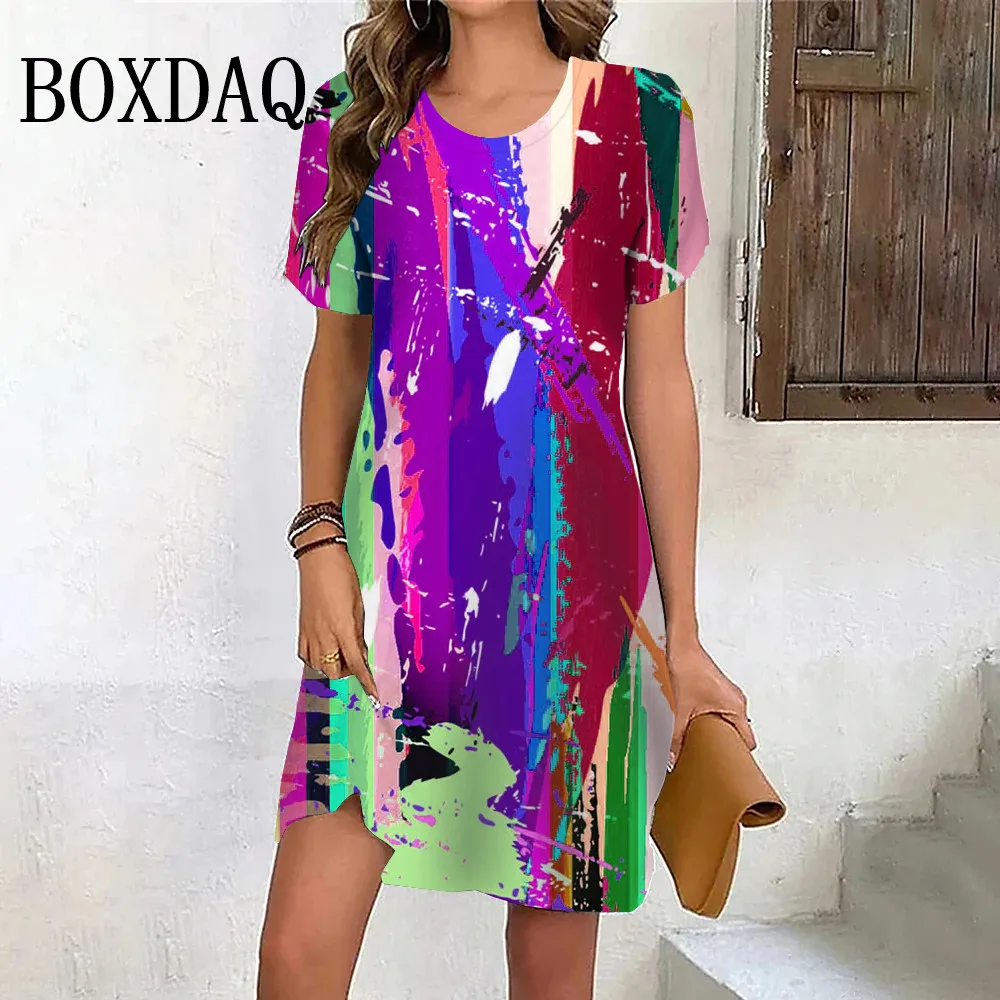 Tie Dye 3D Print Dresses Women Fashion Loose Short Sleeve O-Neck Summer Mini Dresses Streetwear Casual Splash-Ink Dress Vestidos