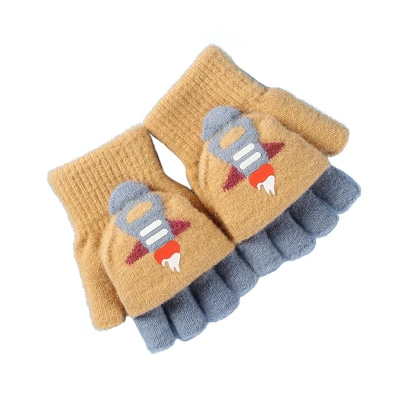

652F Cartoon Rocket Winter Knit Fingerless Convertible Gloves Keep Warm