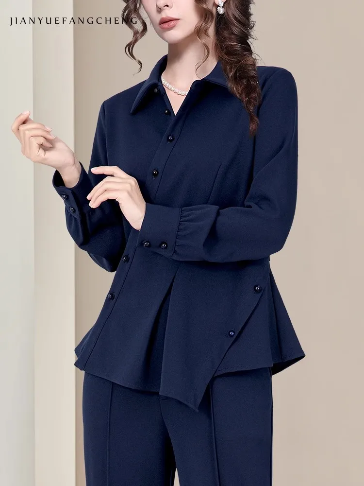 Mode femmes à manches longues col rabattu asymétrique boutonné chemise coupe ajustée printemps haut d'été Blouses