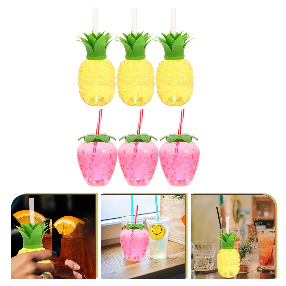 

6 Pcs Luminous Beverage Cups Plastic Drinking 500ml Straw Water Bottles Birthday Party Pineapple Strawberry Kitchen Bar Supplies