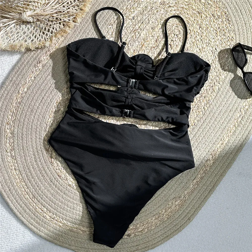 Sexy Black Hollow Out Swimsuit Women One Piece Swimwear 2026 3D Flower Bandeau Monokini Swimming Bathing Suit Wear Beachwear