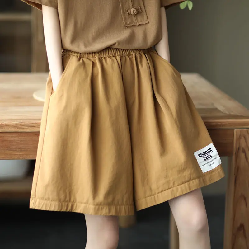 Plus Size Casual Shorts for Women Summer New Elastic Waist Loose Solid Color Simplicity Wide Leg Shorts Vintage Fashion Clothing