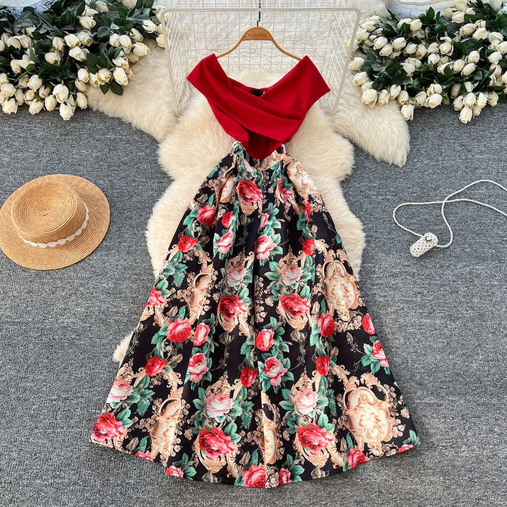 

Women Print Dresses A Line Spliced Dress Ankle Lenth Sleeveless Wide Hem Waist Cinch Slim Casual Office Lady Elegant 2026 Summer