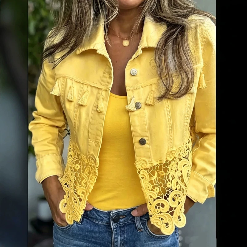 2026 Autumn New Hot Selling Design Canvas Patchwork Lace Lapel Jacket for Women