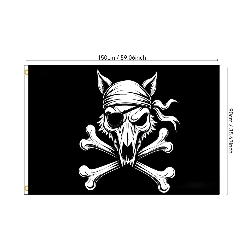 Pirate Wolf Skull Crossbones Flag with Eye Patch Bandana 2x3ft 3x5ft Jolly Roger Style Banner for Nautical Party Decor