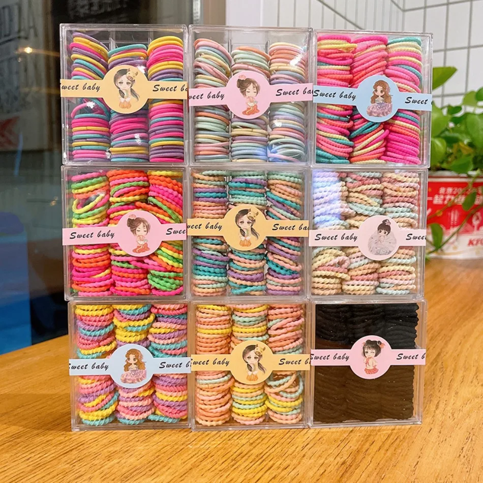 Kids Elastic Hair Ties Box Set Colorful Mini Ponytail Holders Soft Hair Bands Bulk Pack Toddler Girls Hair Accessories ZX07