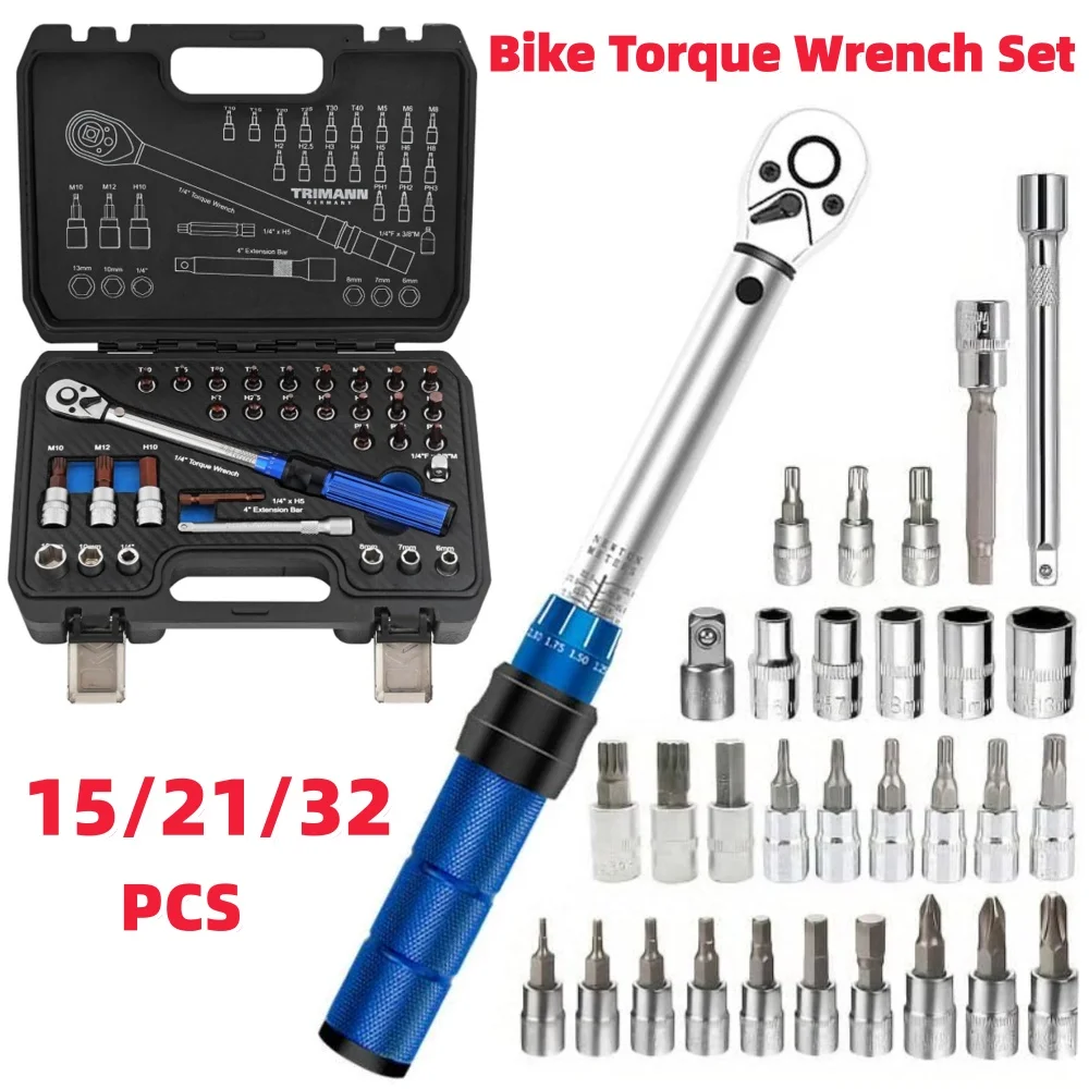 

15/21/32PCS Bicycle Torque Wrench Set 1/4" 2-24Nm Dual Direction Bike Allen Key Tool Socket Preset Type Spanner Pro Repair