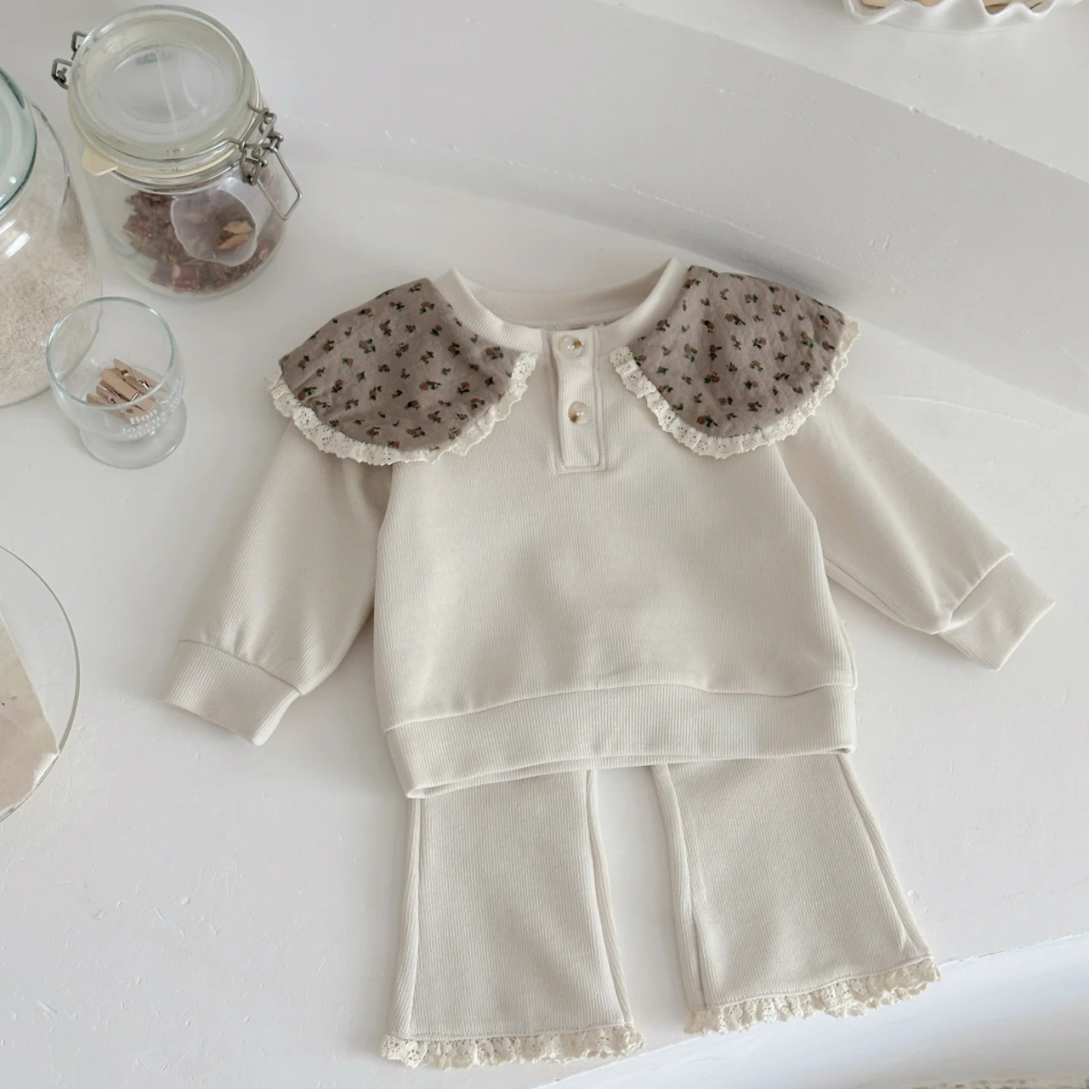 2Pcs Kids Floral Collar Lace Long Sleeved + Trousers Tracksuit Spring Autumn New Baby Boy Girl Clothes Casual Fashion Suit