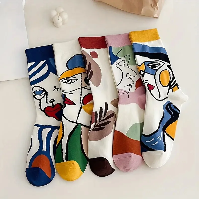 5 Pairs Elegant Cartoon Graffiti Women Tube Socks Fashionable Oil Painting Art Printing Soft Comfortable Breathable Casual Socks image 2
