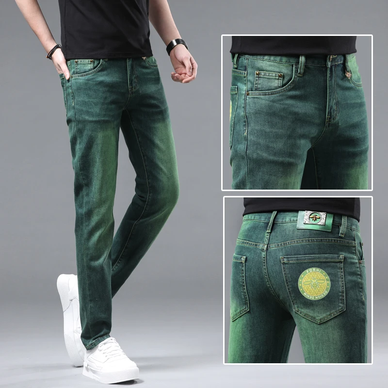 Emerald green jeans for men2024new affordable luxury fashion high-end Korean style fashion elastic slim fit ankle tight trousers