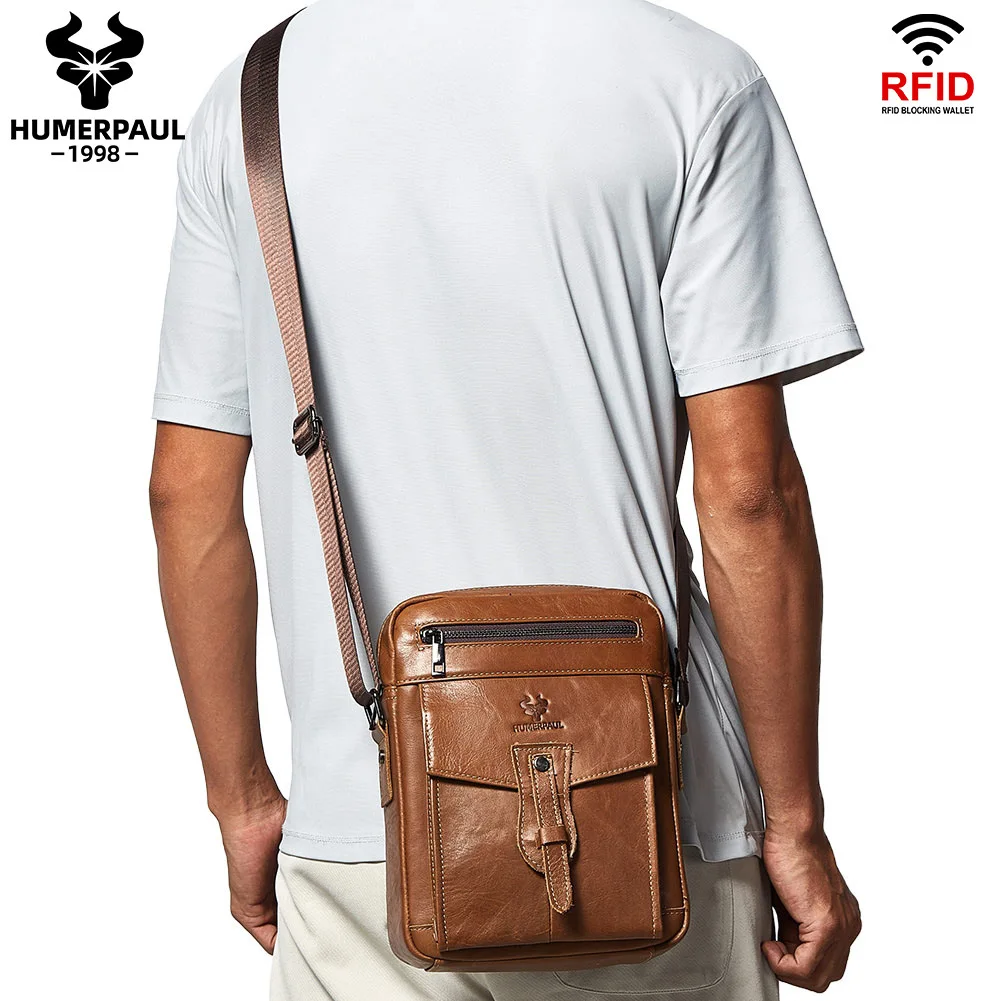 

Men's Fashion Genuine Leather Crossbody Bag with Multi-Compartments Large-Capacity Single-Shoulder Business Commuting Bag Male