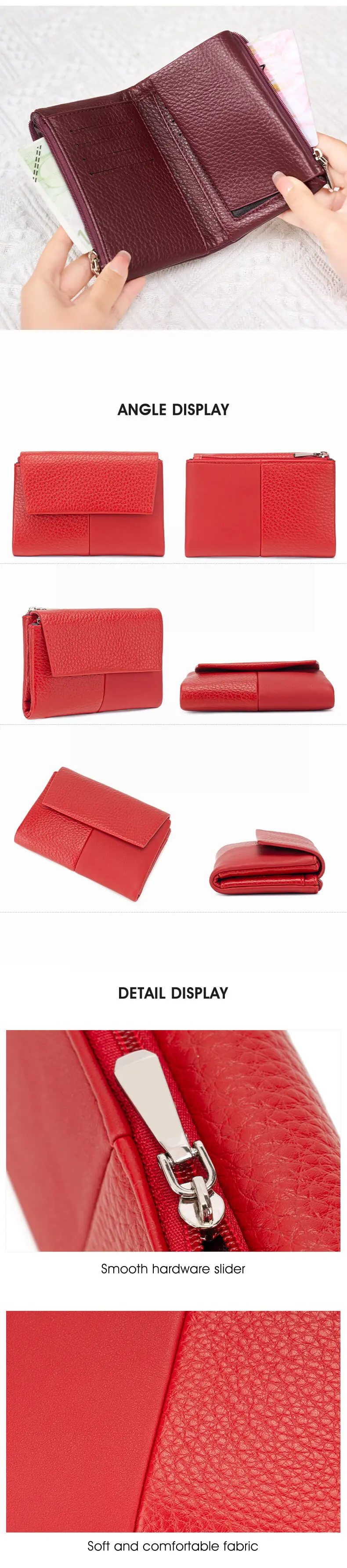 RFID-geschützte Damen-Geldbörse, stilvolle zweifach faltbare Geldbörse mit großer Kapazität, Kreditkartenhalter, Münzbörse, Doppelreißverschluss, Damen-Handtasche – Detail 8