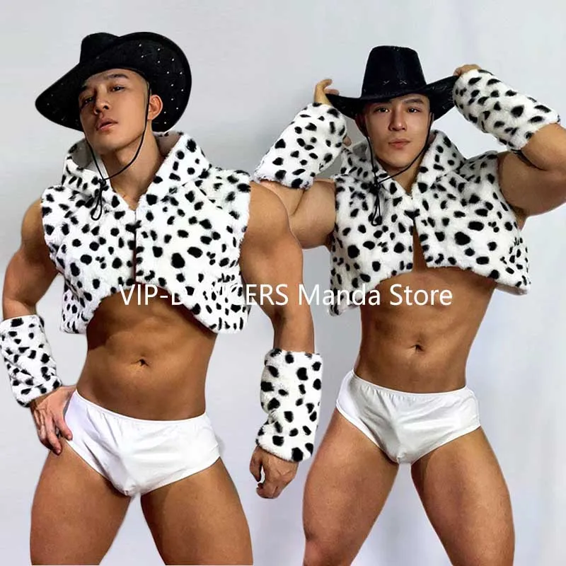 

Sexy Gogo Dancer Clothing Men Nightclub Bar Clothes Western Cowboy Performance Outfit Male Rave Wear Cow Dot Coat Shorts VDL1710