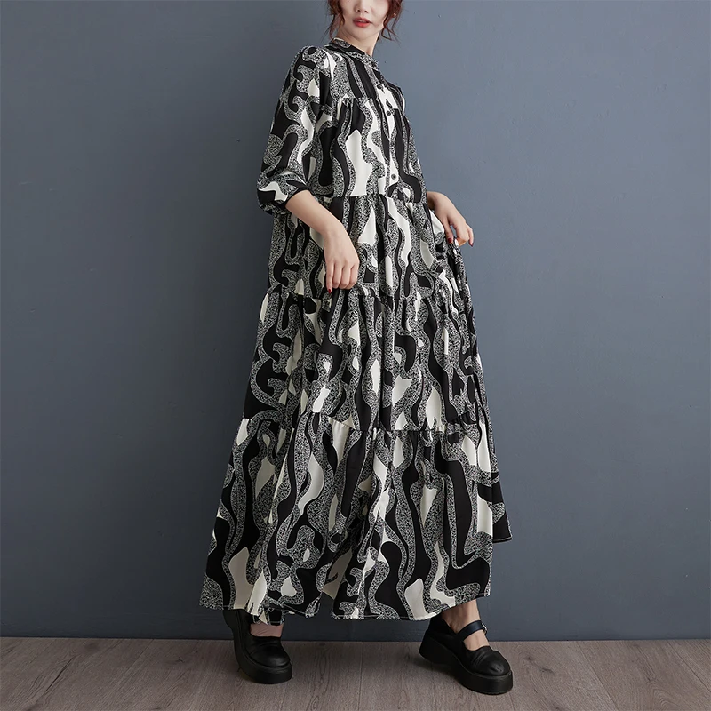 #3713 Spring Vintage Printed Long Shirt Dress Women Loose Korean Fashion Buttons Retro A-line Dress Long Sleeve Split Joint 