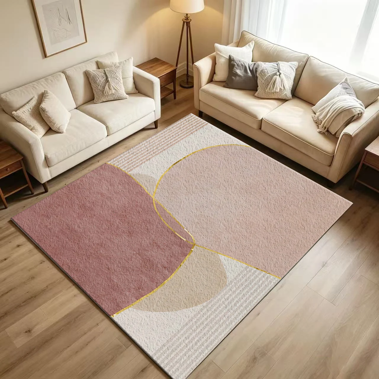 Modern Boho Abstract Geometric Area Rug Pink Beige Gold Line Art Floor Carpet for Living Room Bedroom Home Decoration