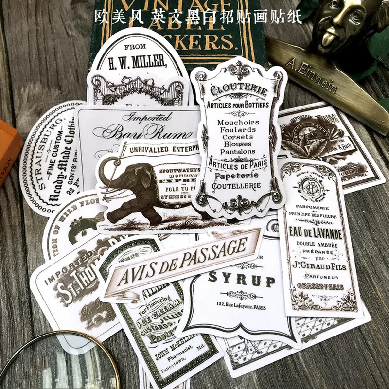 20Pcs Tim Holtz Style Poster Junk Journal Ephemera Vintage Sticker Black White Album Label Brand Sticker Scrapbooking Material