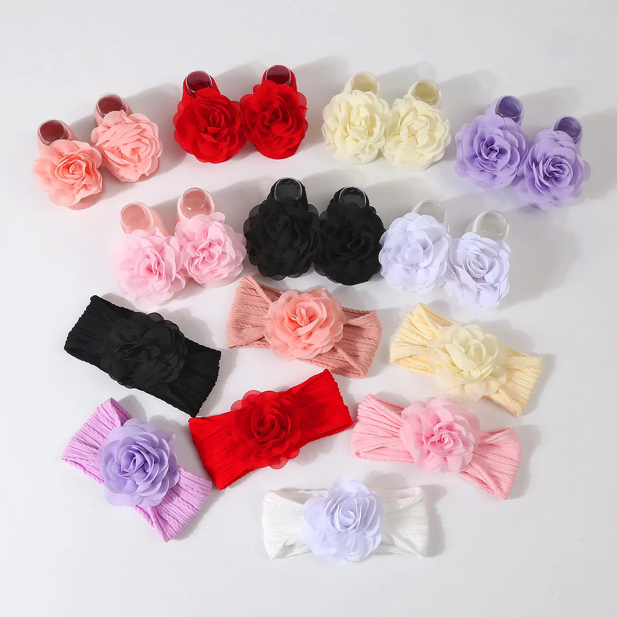 

1Set Newborn Big Flower Headbands Non-slip Socks New Baby Soft Solid Prewalker Sock Girl Infant Cute Knitted Hairband Socks New