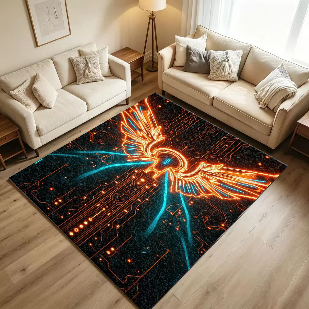 Neon Cyber Wing Circuit Carpet Flooring Futuristic Sci-Fi Glowing Neon Wing Circuit Board Symmetrical Graphic Printed Floor Rug for Household Indoor Gaming Space Home Decor