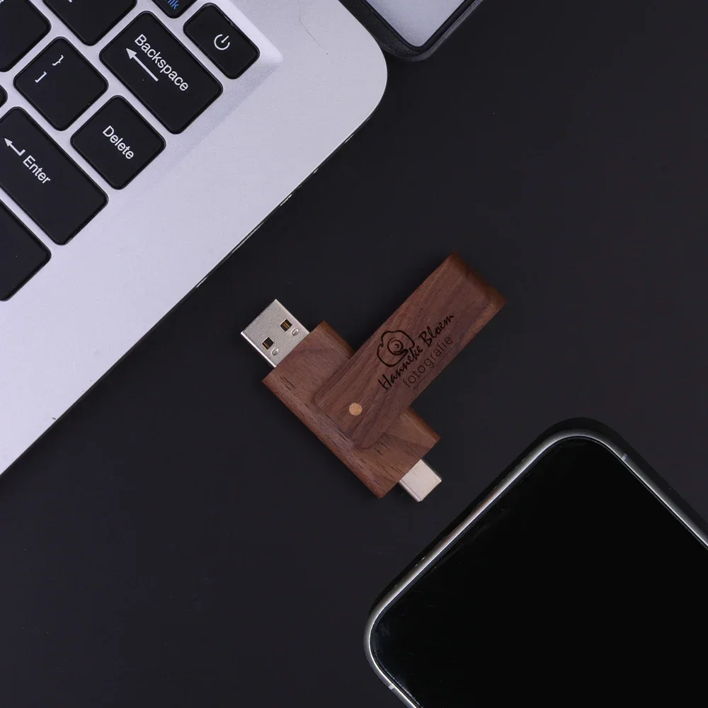 JASTER Drehbare USB-Flash-Laufwerke aus Holz, 128 GB, 2-in-1, Typ-C-Stick, 64 GB, kostenloser Speicherstick mit individuellem Logo, 32 GB, kreatives Geschenk