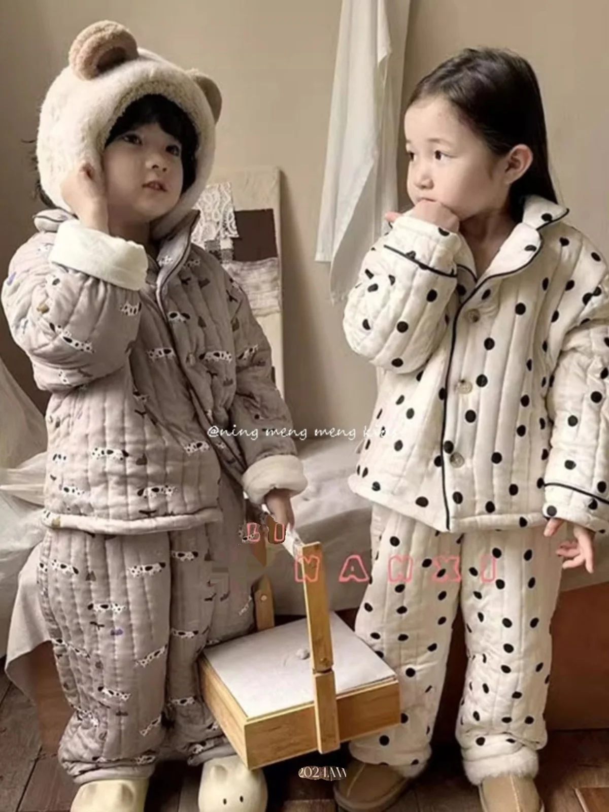 Meninas ternos de três camadas acolchoado acolchoado dos desenhos animados casa wear coreano inverno masculino e meninas calças acolchoadas pijamas conjunto de duas peças