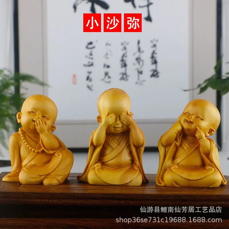 High-grade Boxwood Handle Pieces Fine Carving 3 Is Not A Young Monk Zen Small Novice Living Room Car Desktop Ornaments Charms